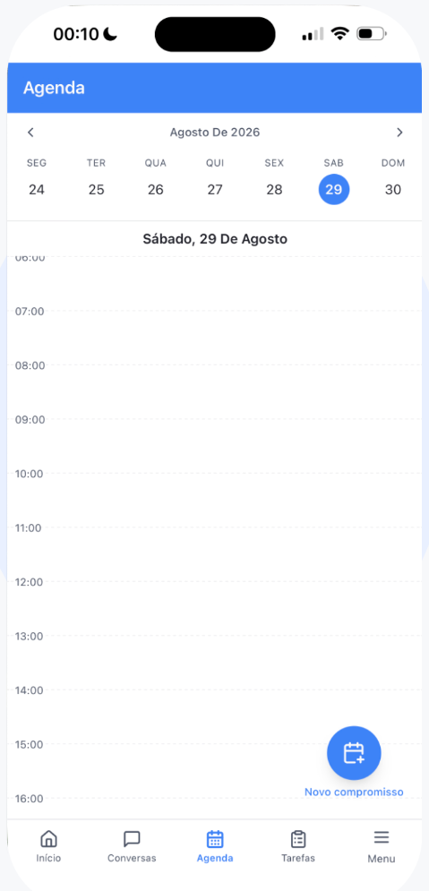 Tela de agenda da pAI com a grade de horários do dia e o botão de novo compromisso