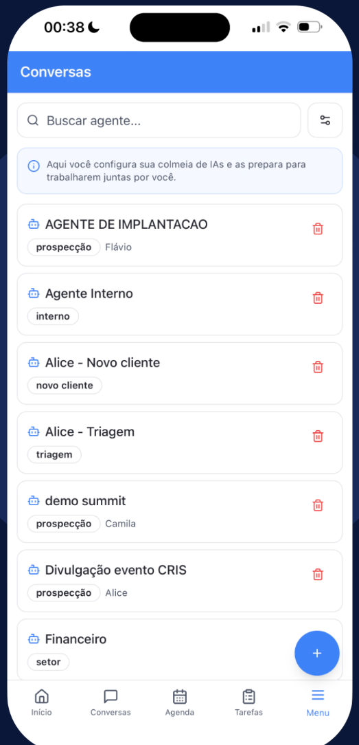 Tela de configuração da colmeia de agentes da pAI, com agentes por especialidade e etiquetas de contexto